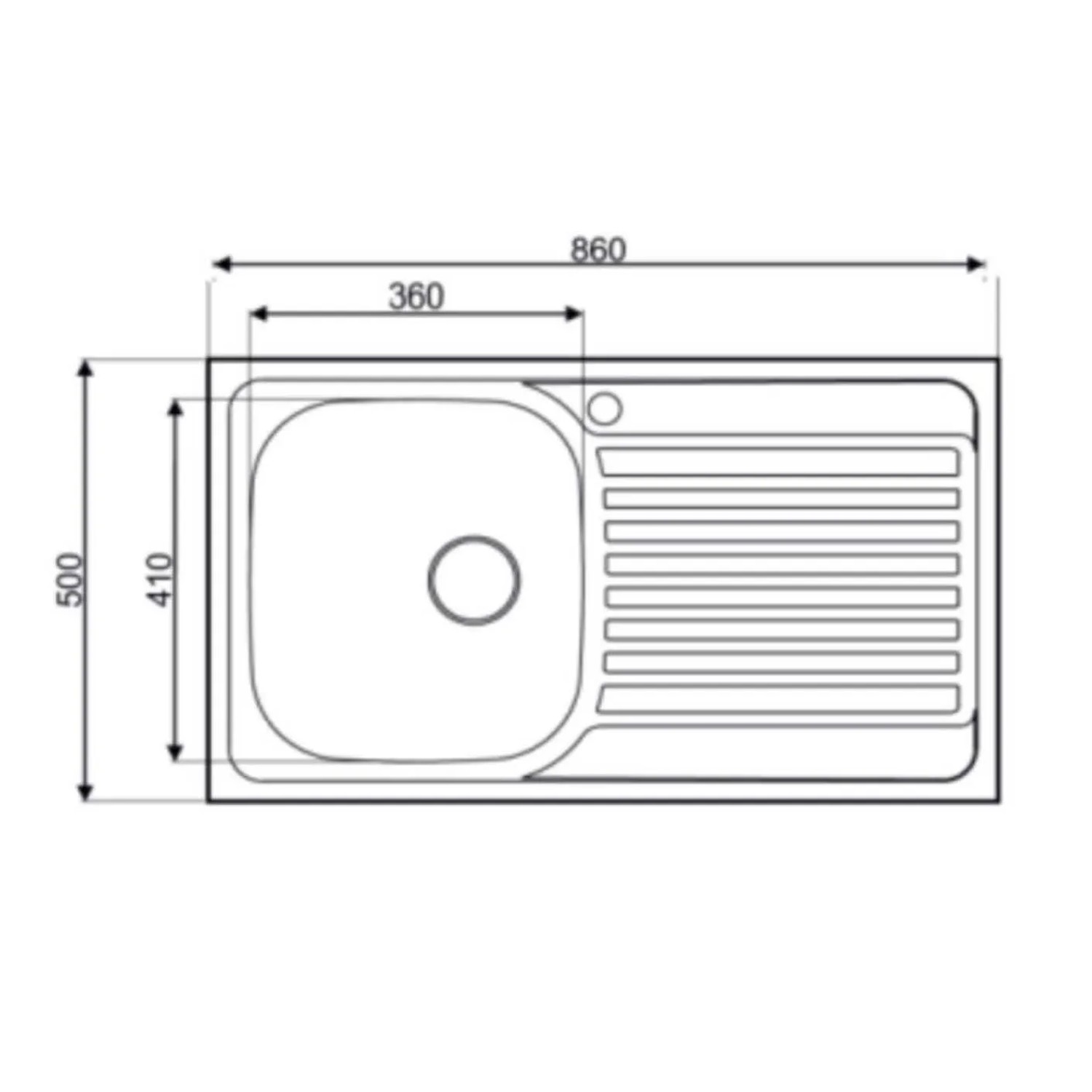 Schizzo di lavello in acciaio inox con dimensioni 860x500 mm, vasca a sinistra, scolapiatti a destra.