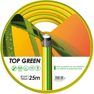 Tubo per irrigazione t.b.t. giallo, 25m, con strisce verdi e texture.
