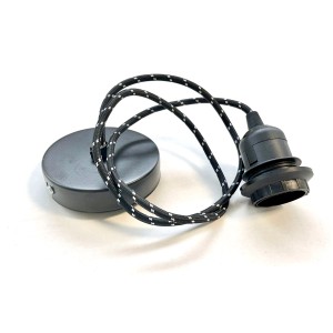 Portalampada nero con cavo tessile (bianco e nero) e rosone.