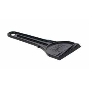 Raschietto per ghiaccio nero con manico e bordo seghettato per la pulizia dei vetri.