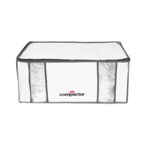 Contenitore t.b.t., bianco con inserti trasparenti e bordo grigio.