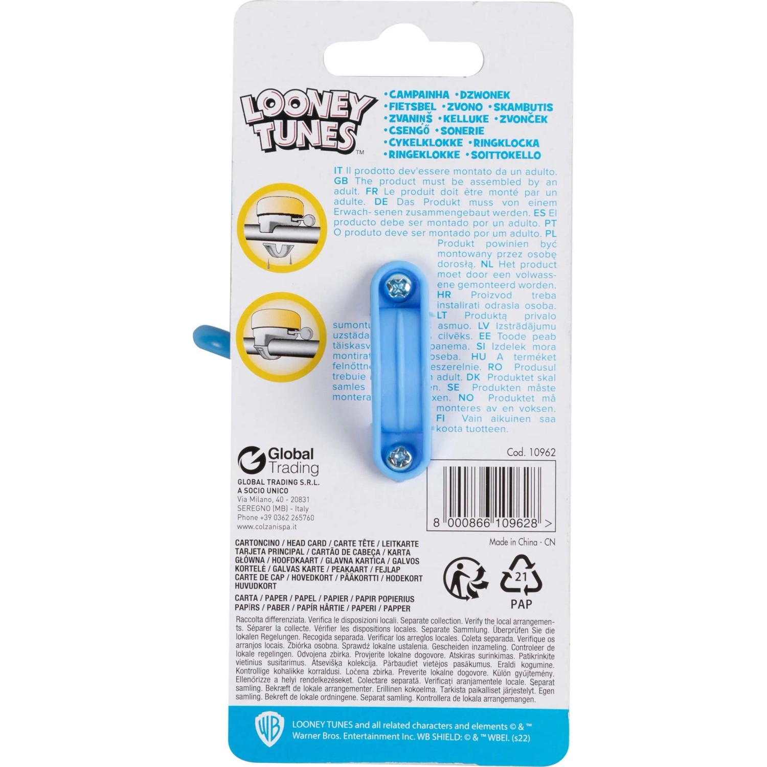 Campanello per bici t.b.t., blu, per montaggio sul manubrio.