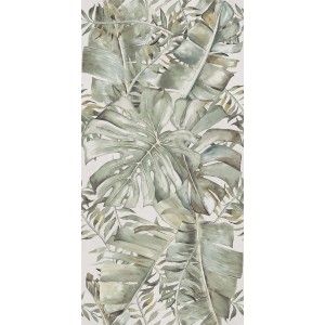 Piastrelle per pavimenti t.b.t. con motivo di foglie tropicali in toni di verde e beige.