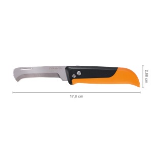 Coltello da raccolta Fiskars X-Series K80, pieghevole con lama curva e manico nero-arancio.