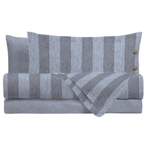 Set di biancheria da letto a righe grigie con dettagli a bottoni.