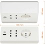 Multipresa bianca t.b.t. con presa Schuko e porte USB, dimensioni indicate.