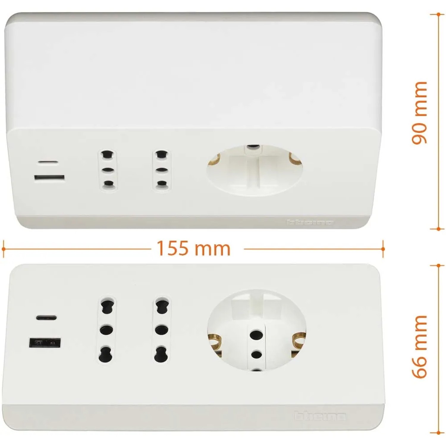Multipresa bianca t.b.t. con presa Schuko e porte USB, dimensioni indicate.