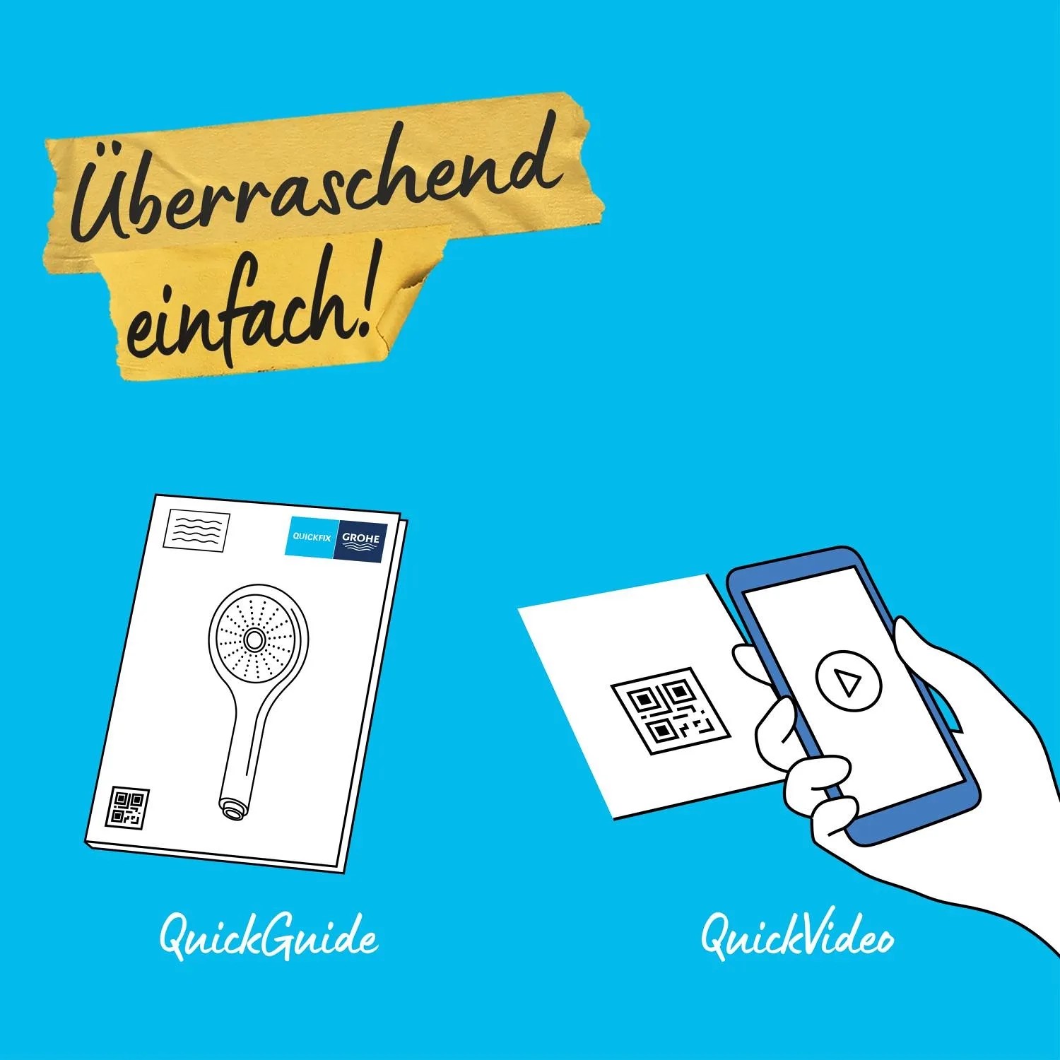 Doccetta Grohe QuickFix: illustrazione di QuickGuide e QuickVideo per una facile installazione.