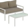 Set lounge divano Noralee 4 pezzi bianco con tavolo e cuscini marroni per il giardino.