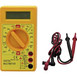 Multimetro digitale giallo t.b.t. con puntali per misurazioni elettriche precise.