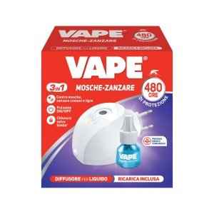 Vape antizanzare elettrico con liquido e ricarica per 480 ore di protezione.