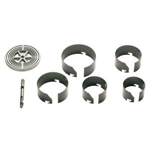 Set di seghe a tazza LUX, 7 pezzi con 5 seghe, piastra adattatore e punta da trapano per installazione elettrica.