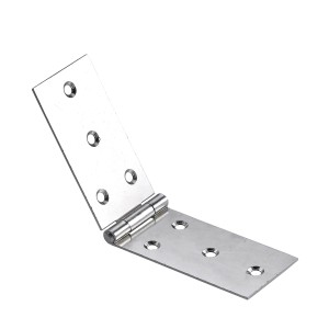 Cerniera in metallo per mobili, aperta, con fori di montaggio.