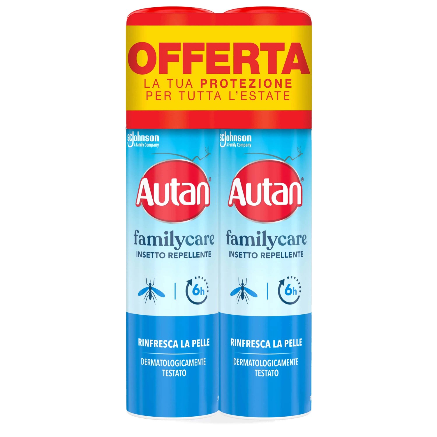Doppia confezione di spray antizanzare Autan Family Care per una protezione dagli insetti fino a 6 ore.