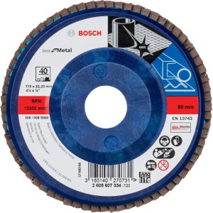 Disco lamellare Bosch Best for Metal, 115 mm, grana 40 per smerigliatrici angolari.