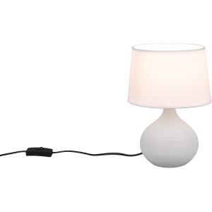 Lampada da tavolo di design color cappuccino Martin, Ø 20 cm, con paralume in tessuto bianco e interruttore a filo.