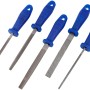 Set lime LUX, 5 pezzi: lima da officina, lima triangolare, lima quadrata, lima tonda, lima mezzotonda con manico blu.