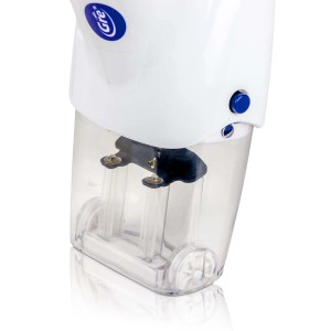 Dettaglio del pulitore per piscina Gre Pool & Spa Vac bianco, senza fili, con contenitore di raccolta trasparente.