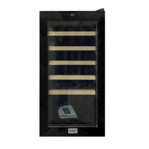 Cantinetta vino con porta in vetro e ripiani in legno.