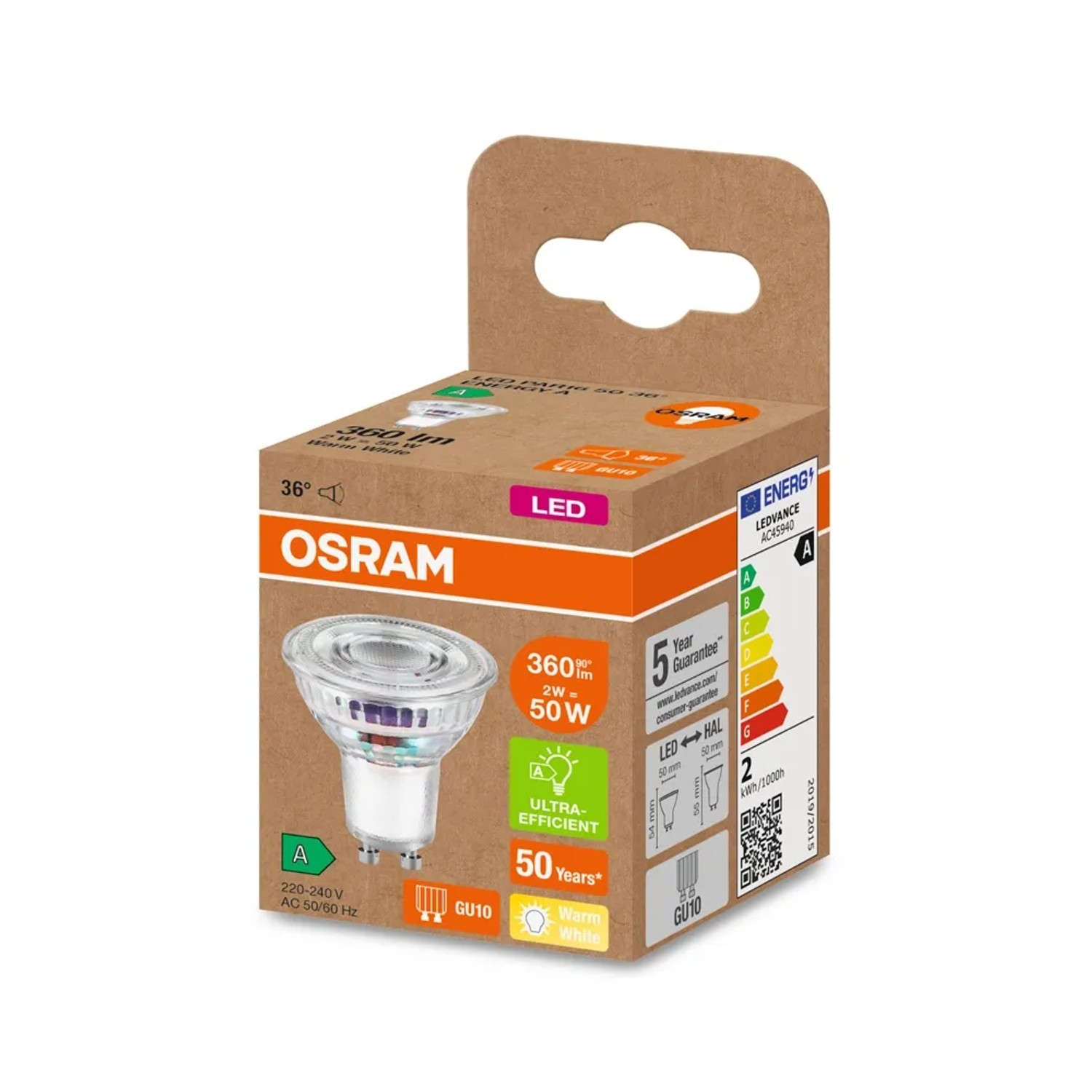 Lampadina LED Osram GU10 a riflettore, 2W, 360lm, luce calda, nella confezione.