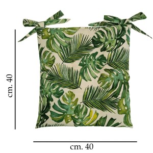 Cuscino quadrato per sedia con motivo a foglie tropicali e lacci.