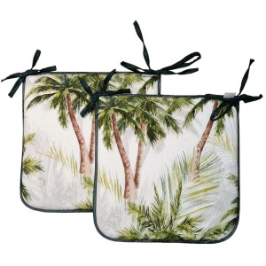 Due cuscini per sedie da esterno con motivo a palme e lacci verdi.