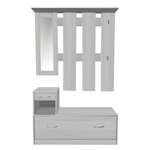 Set guardaroba chiaro per ingresso con specchio, ganci e cassetti.