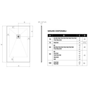 Disegno tecnico di un piatto doccia t.b.t. con dimensioni.