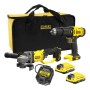 Set utensili a batteria Stanley Fatmax: trapano avvitatore, smerigliatrice angolare, caricabatterie e batterie in borsa.