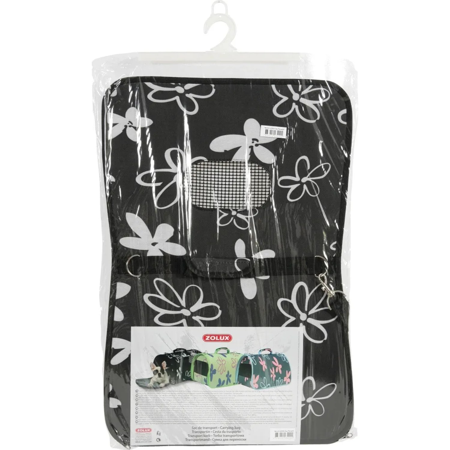 t.b.t. trasportino per cani con motivo floreale, bianco e nero.