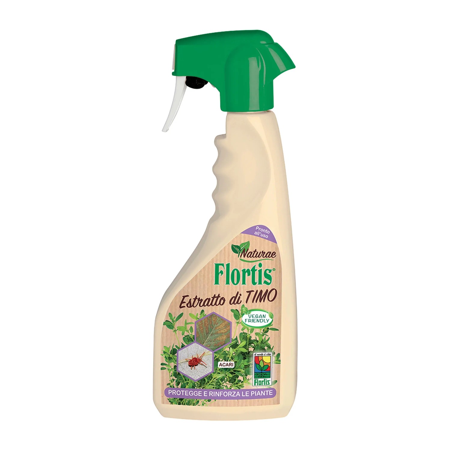 Flortis antiparassitario con estratto di timo in flacone spray. Protezione biologica delle piante.
