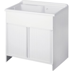 Mobile lavabo bianco t.b.t. con design a scanalature per il bagno.