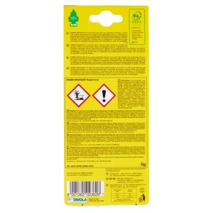 Retro della confezione del profumo per auto t.b.t. con istruzioni e simboli di avvertenza.