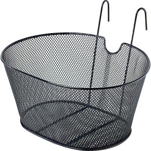 Cesto da bici nero in rete metallica con ganci.