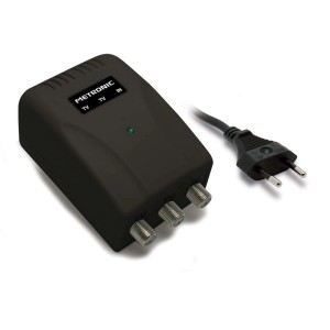 Amplificatore nero t.b.t. per accessori video con tre porte e cavo di alimentazione.