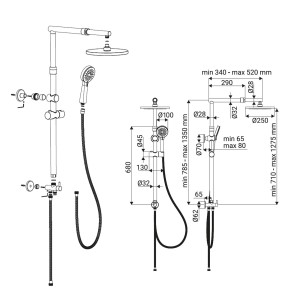 Disegno tecnico di una colonna doccia con soffione e doccetta, misure in mm.