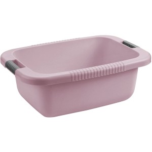 Bacinella/lavabo in plastica rosa con manici grigi.