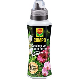 Flacone di fertilizzante per fiori Compo con guano per piante fiorite.