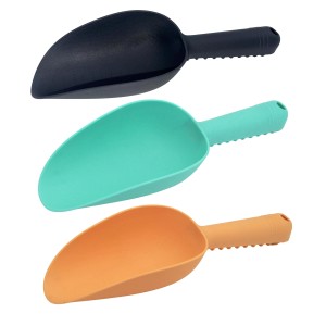 Paletta da giardino in plastica assortita in 3 colori con scala in antracite, turchese e arancione.
