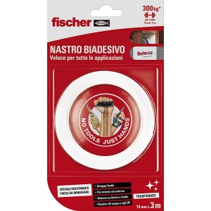 Nastro biadesivo Fischer, trasparente, 19mm x 3m, per applicazioni rapide.