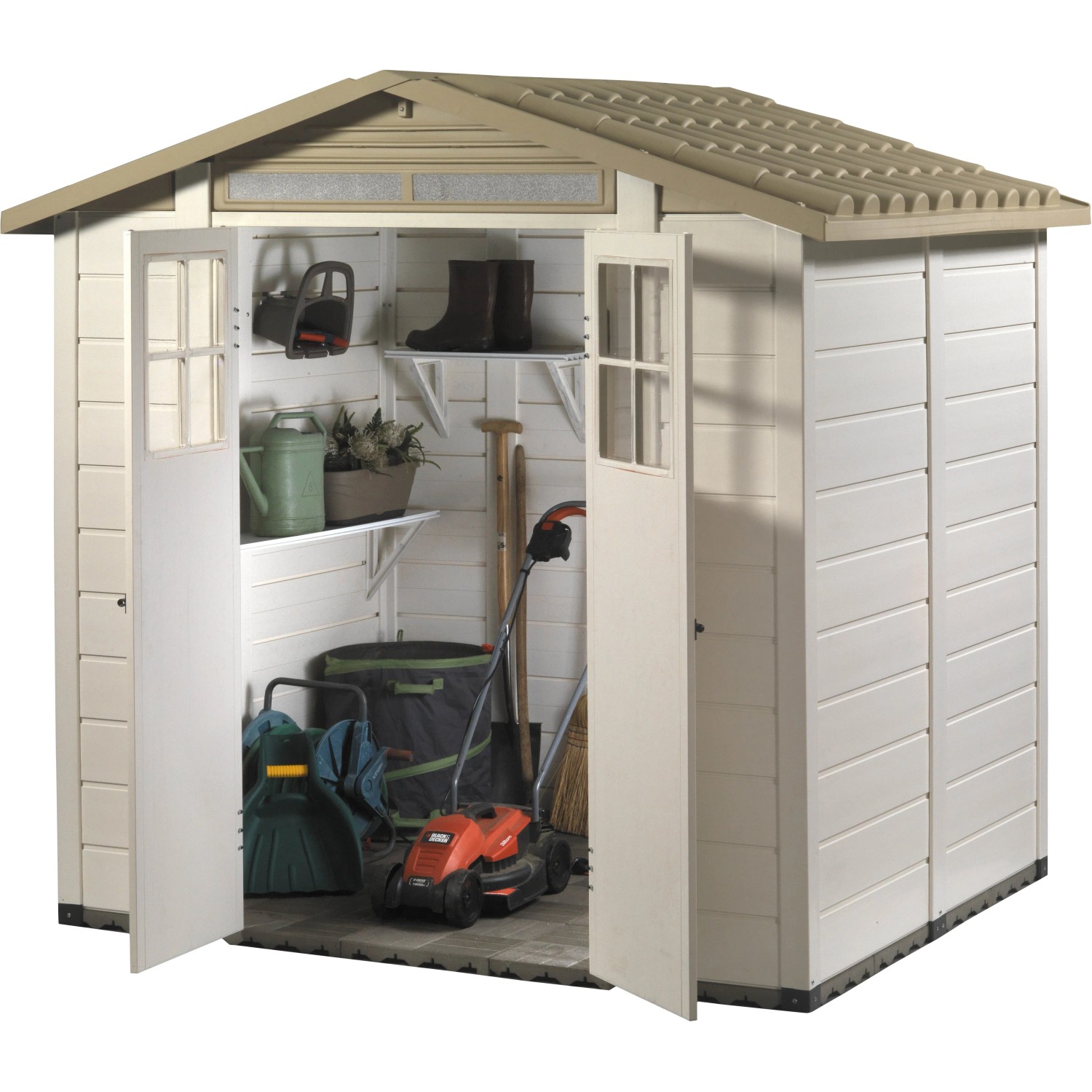 Duramax Woodside Casetta Da Giardino In PVC 325x240 Cm – Beige E Marrone, Ignifuga, 8 M², Porte Larghe E Finestre, Resistente Neve 100 Kg/m²