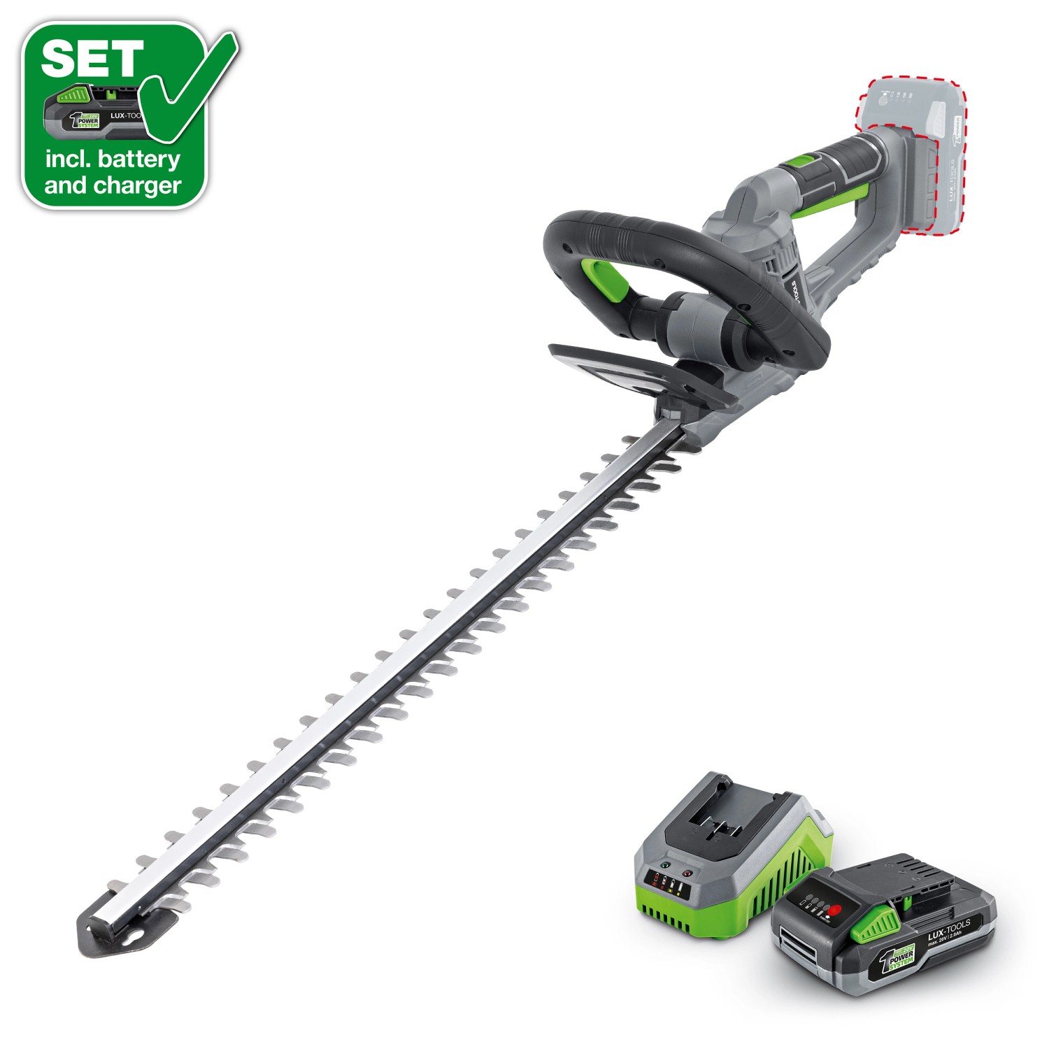 Tagliasiepi a batteria LUX con batteria e caricabatterie. Tagliasiepi per tagli precisi in giardino.