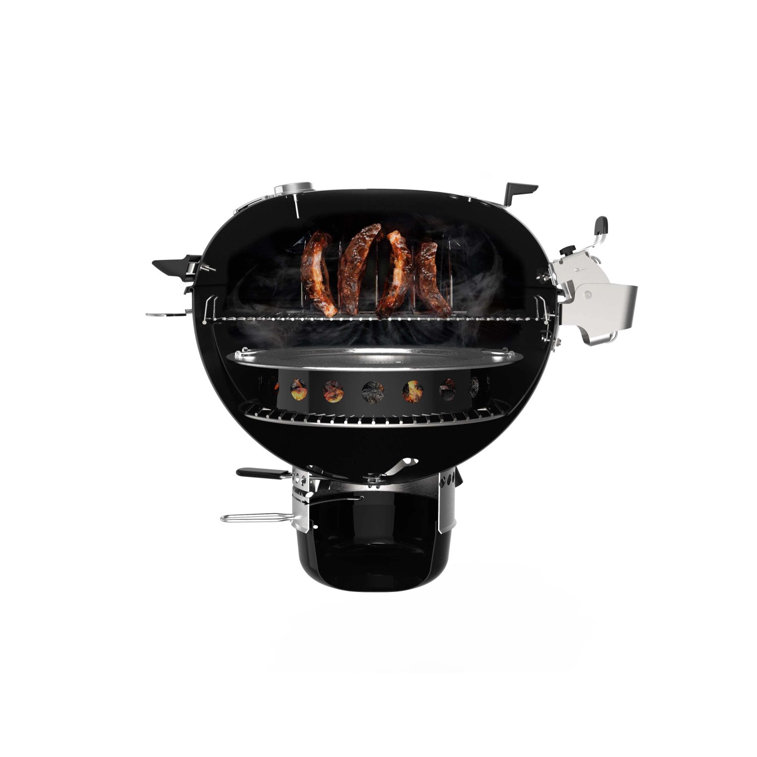 Weber Master-Touch Premium E-5770 barbecue a carbone, Ø 57 cm, nero, con cibo sulla griglia.