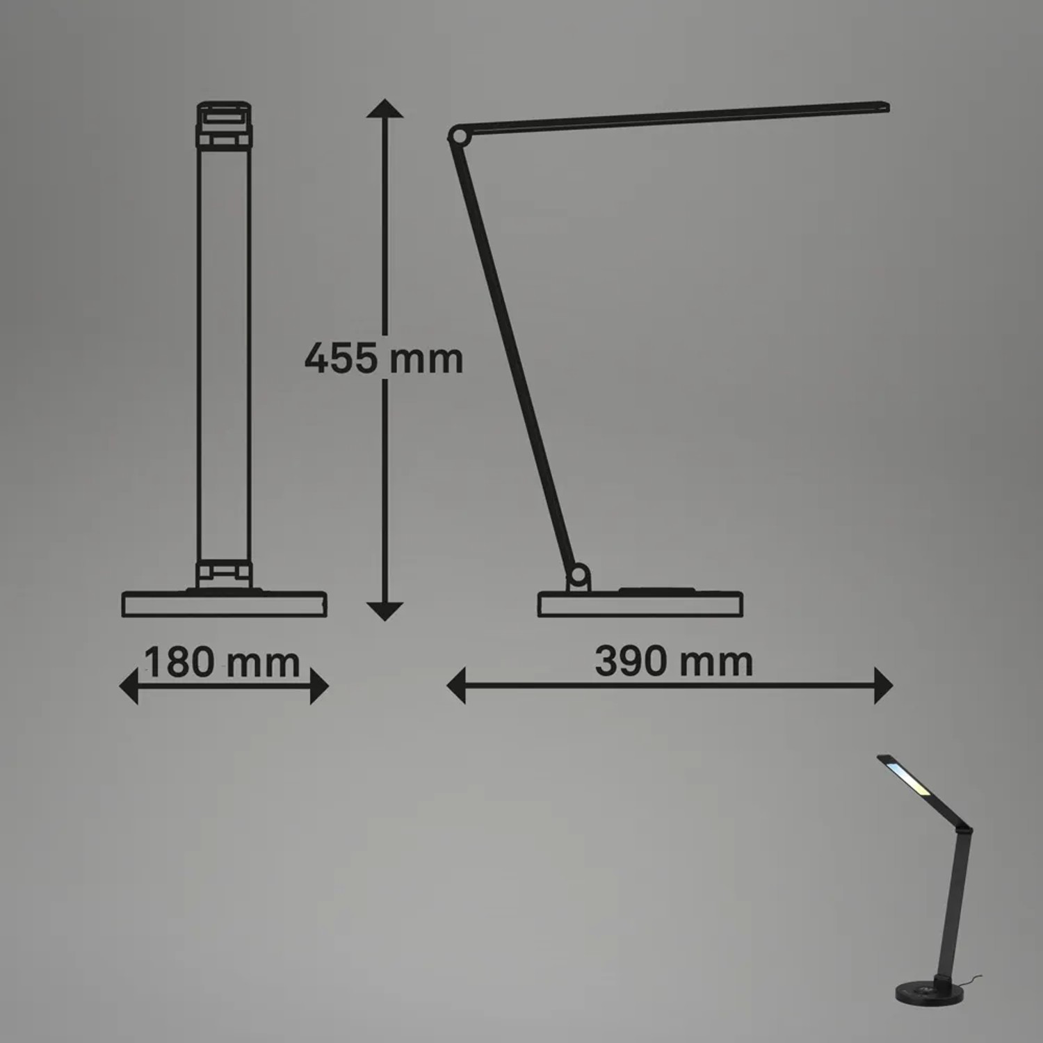 Lampada da scrivania Brilo Cuma, nera, con dimensioni e vista dettagliata.