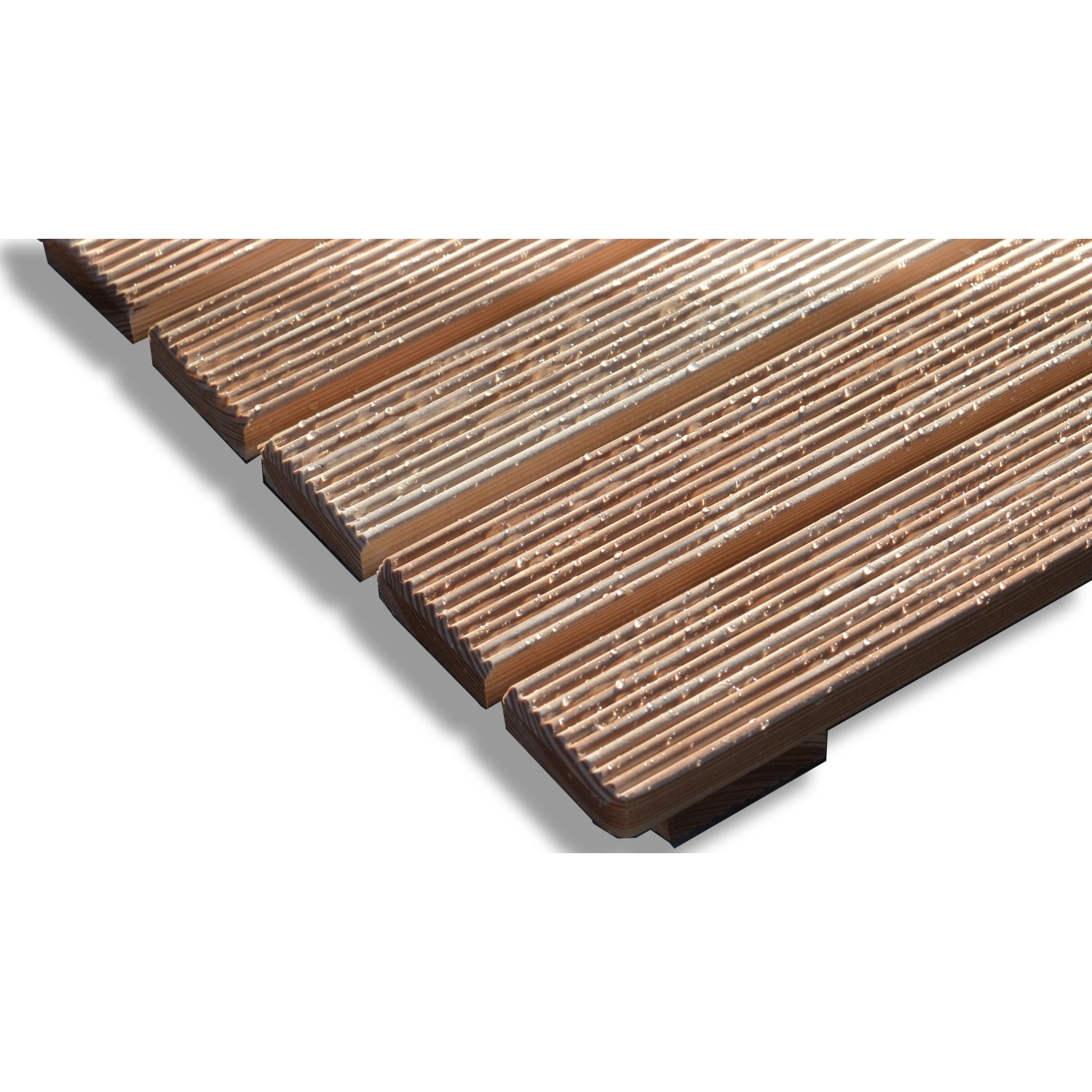 Piastrelle in legno per doccia, scanalate, marroni. Ideali per bagno e area benessere.
