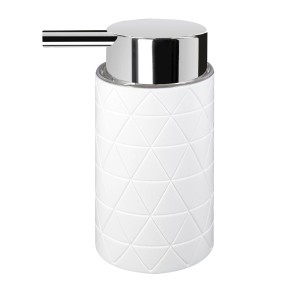 Dispenser sapone bianco con motivo geometrico e pompa cromata.