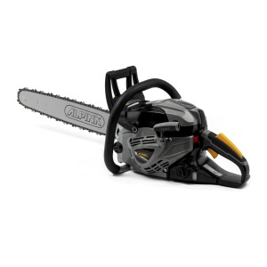 Motosega Alpin grigia con manico nero e catena argentata.