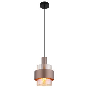 Moderna lampada a sospensione t.b.t. in bronzo e vetro trasparente per un'illuminazione elegante.