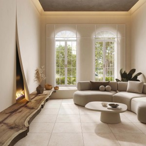 Stanza luminosa con piastrelle per pavimenti beige. Le piastrelle offrono un ambiente moderno ed elegante.
