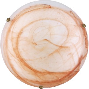 Plafoniera rotonda con paralume in vetro marmorizzato marrone e bianco e dettagli dorati.